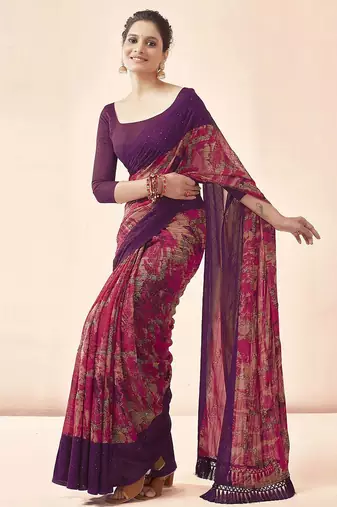 purple purple & pink abstract printed sequinned saree