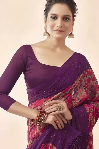 purple purple & pink abstract printed sequinned saree