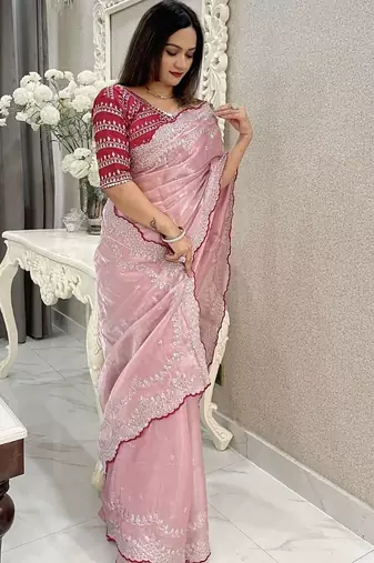pink floral embroidered silk blend saree