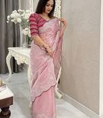 pink floral embroidered silk blend saree