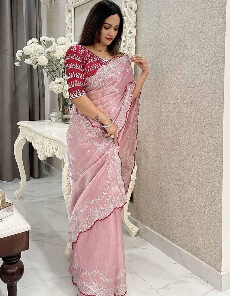 pink floral embroidered silk blend saree