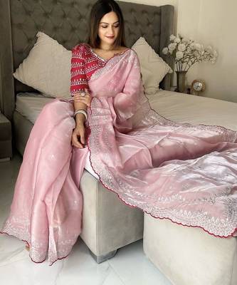 pink floral embroidered silk blend saree 3