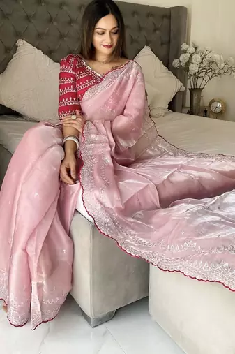 pink floral embroidered silk blend saree
