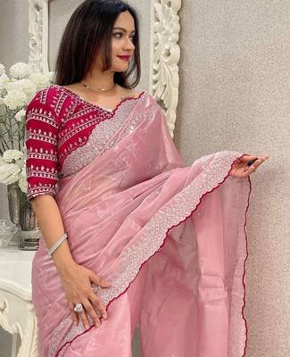 pink floral embroidered silk blend saree 5