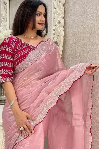 pink floral embroidered silk blend saree