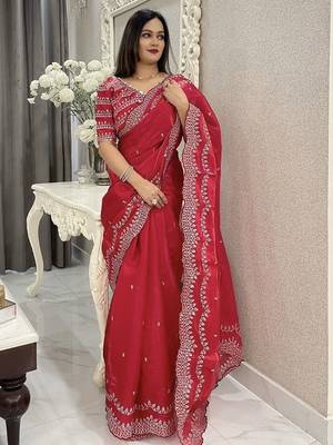 red floral embroidered saree with stitched blouse 1