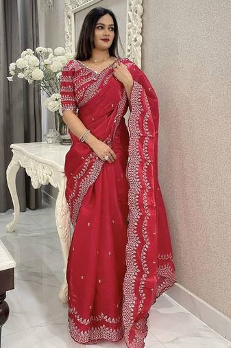 red floral embroidered saree with stitched blouse
