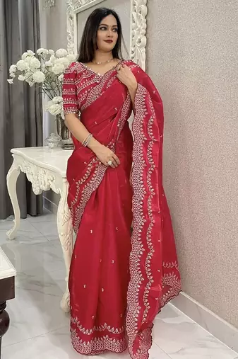red floral embroidered saree with stitched blouse