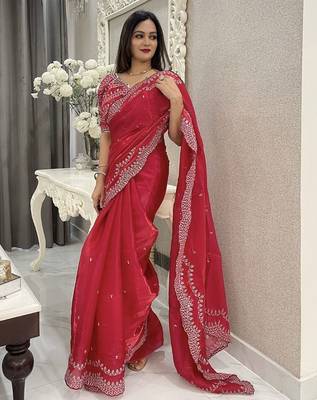 red floral embroidered saree with stitched blouse 2
