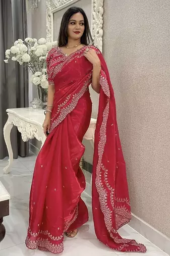 red floral embroidered saree with stitched blouse