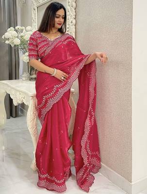 red floral embroidered saree with stitched blouse 4