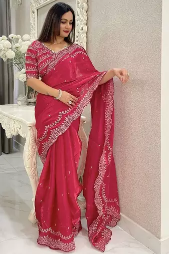 red floral embroidered saree with stitched blouse