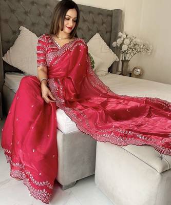red floral embroidered saree with stitched blouse 5