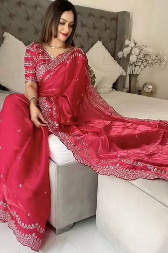 red floral embroidered saree with stitched blouse
