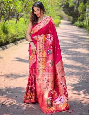 pink woven design zari paithani saree 1
