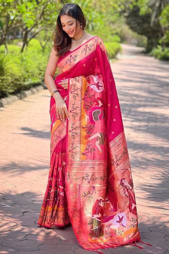 pink woven design zari paithani saree