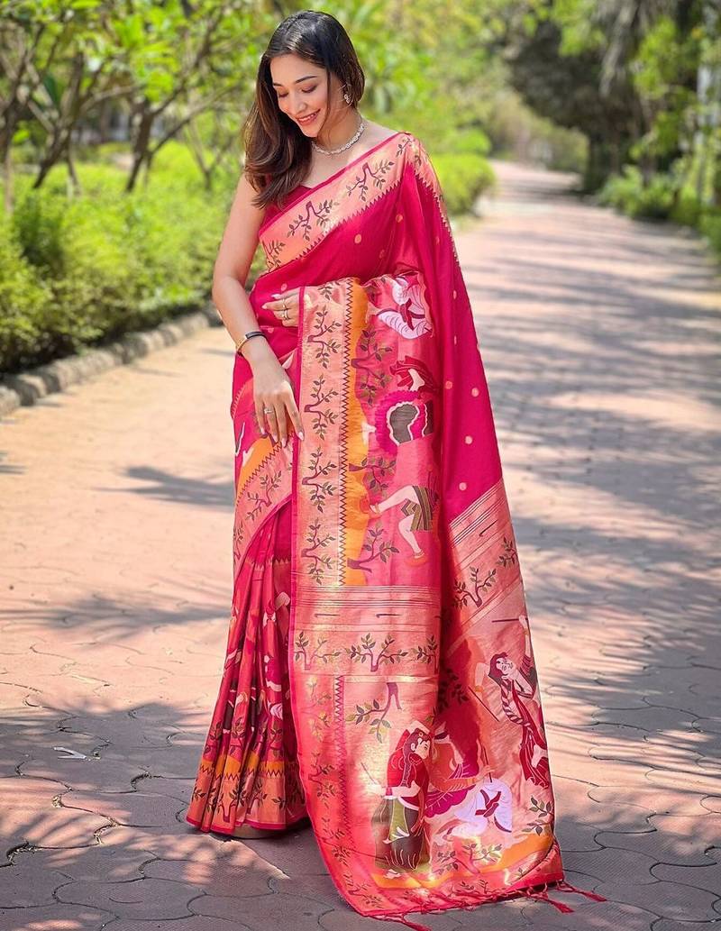 pink woven design zari paithani saree