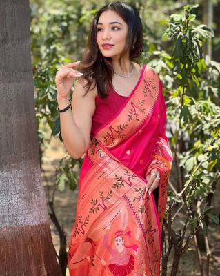 pink woven design zari paithani saree 3