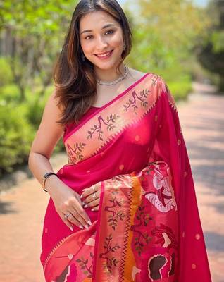 pink woven design zari paithani saree 4