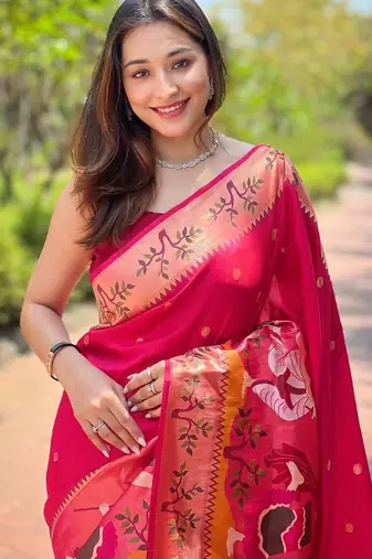 pink woven design zari paithani saree