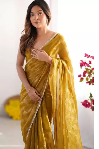 gold checked mirror work pure chiffon saree