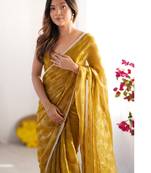 gold checked mirror work pure chiffon saree
