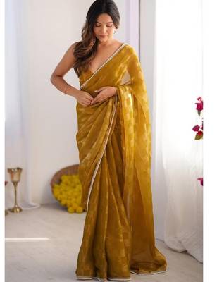gold checked mirror work pure chiffon saree 2