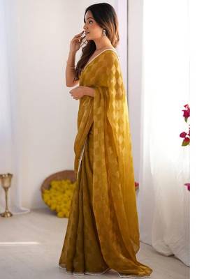 gold checked mirror work pure chiffon saree 3
