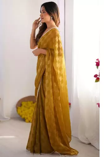 gold checked mirror work pure chiffon saree