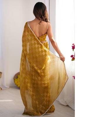 gold checked mirror work pure chiffon saree 4