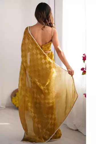 gold checked mirror work pure chiffon saree