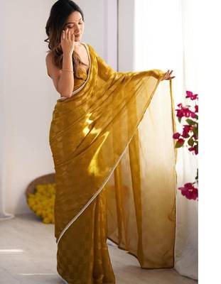 gold checked mirror work pure chiffon saree 5