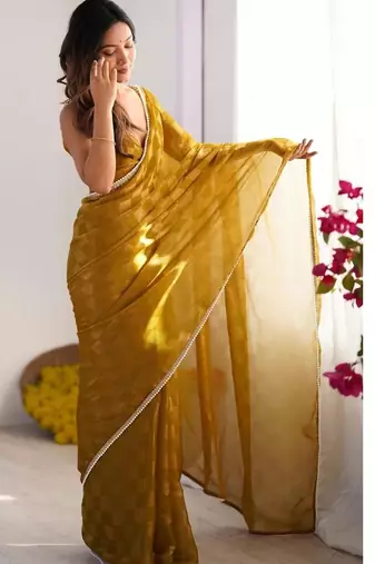 gold checked mirror work pure chiffon saree