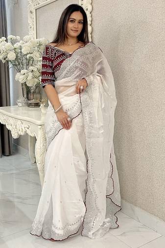 white jimmychoo silk embroidery work saree