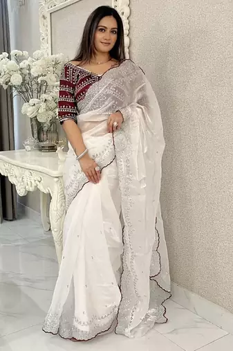 white jimmychoo silk embroidery work saree