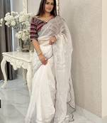 white jimmychoo silk embroidery work saree
