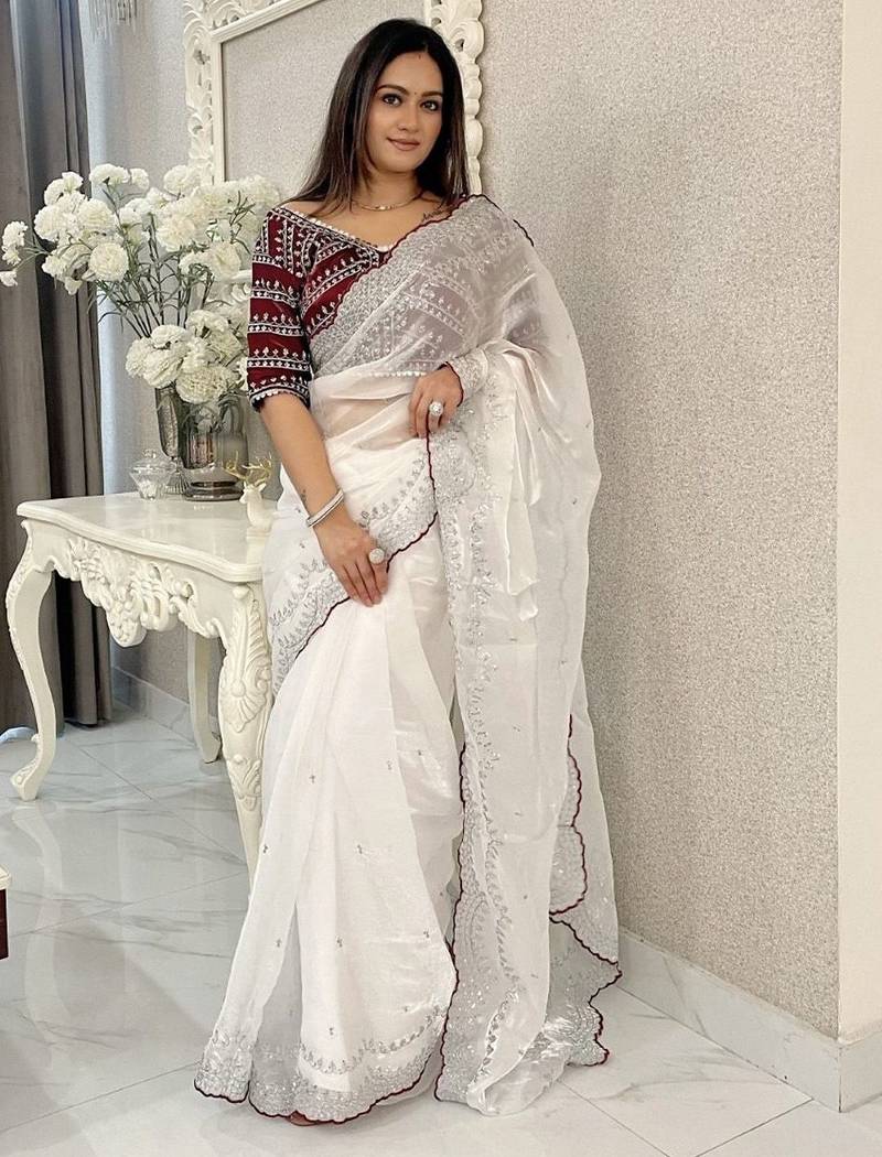 white jimmychoo silk embroidery work saree