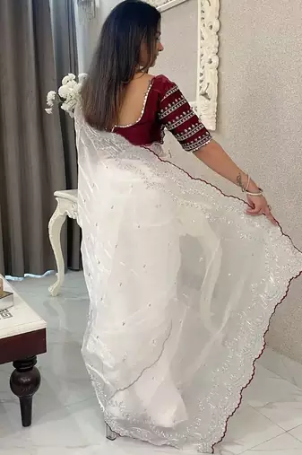 white jimmychoo silk embroidery work saree