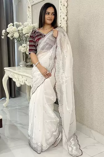 white jimmychoo silk embroidery work saree