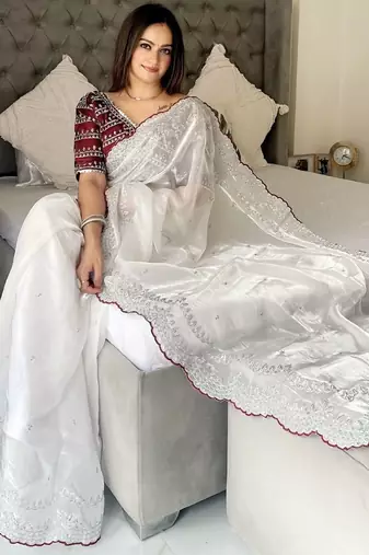 white jimmychoo silk embroidery work saree