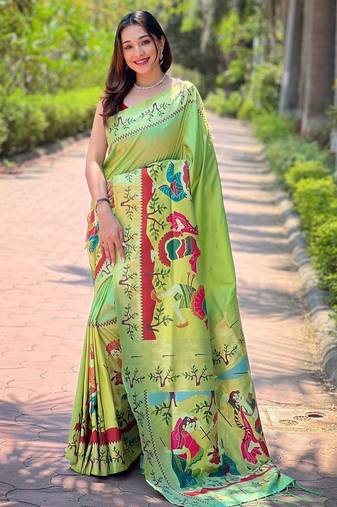 green woven design zari silk blend paithani saree
