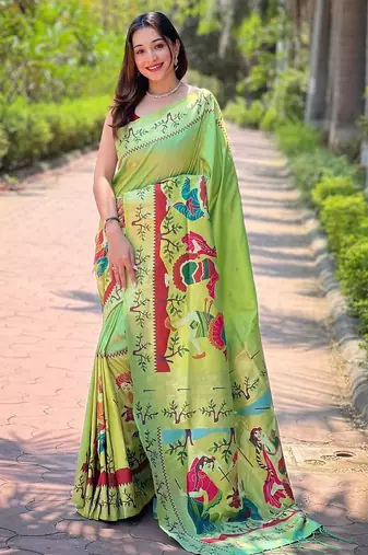 green woven design zari silk blend paithani saree