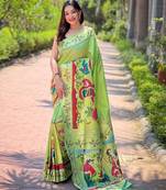 green woven design zari silk blend paithani saree