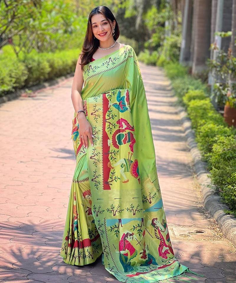 green woven design zari silk blend paithani saree