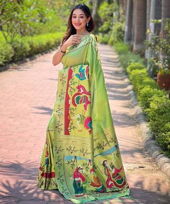 green woven design zari silk blend paithani saree 2