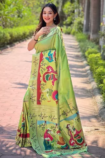 green woven design zari silk blend paithani saree