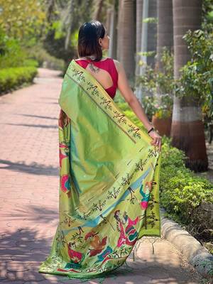 green woven design zari silk blend paithani saree 3