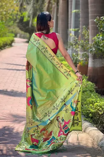 green woven design zari silk blend paithani saree