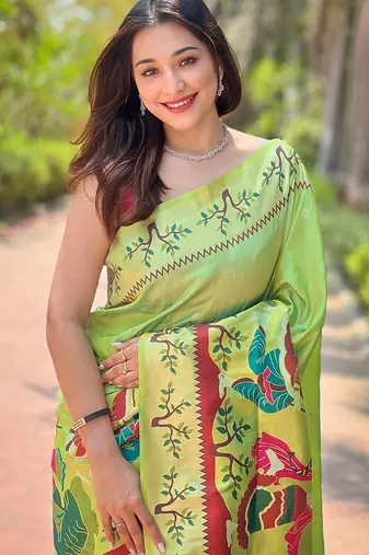 green woven design zari silk blend paithani saree