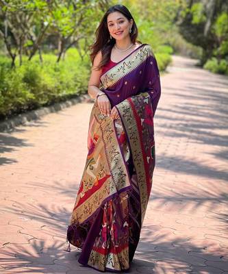 purple woven design zari silk blend paithani saree 1